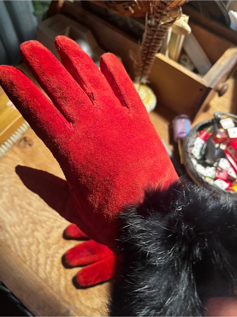 Genuine, red suede leather with rabbit fur!!